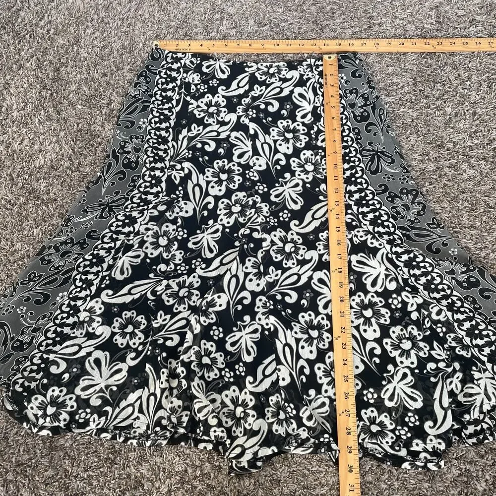 Y2K Midi Skirt Size 12 Black Gray Floral Boho Flare Chiffon Fairy Whimsigoth Vtg